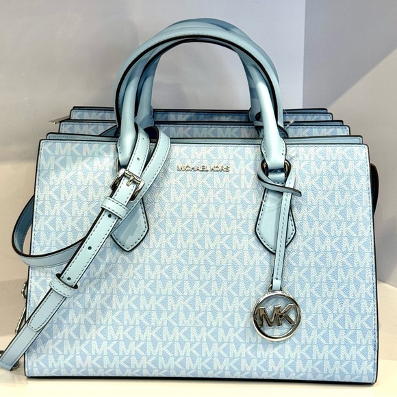 Michael Kors Sheila Medium Signature Logo Satchel Bag Light Sky Blue - Picture 1 of 11